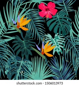 Seamless pattern of leaves monstera, flowers, tropical jungle leaves of palm tree. Multicolor vector background. 