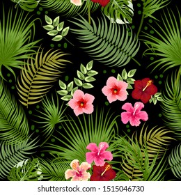 Seamless pattern of leaves monstera, flowers, tropical jungle leaves of palm tree. Multicolor vector background. 