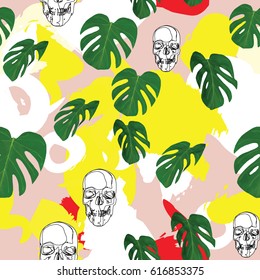 Seamless pattern of leaves monstera and skull. Tropical leaves . Vector background. Color trends.