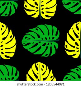 Seamless pattern of leaves monstera. Tropical leaves of palm tree. Vector background.
