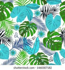 Seamless pattern of leaves monstera, tropical jungle leaves of palm tree. Multicolor vector background.