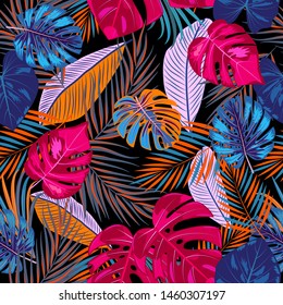 Seamless pattern of leaves monstera, tropical jungle leaves of palm tree. Multicolor vector background. 