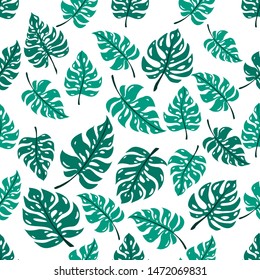 Seamless pattern of leaves monstera. Tropical leaves of palm tree. Vector background. Beautiful allover print with hand drawn exotic plants. Swimwear botanical design. Vector for any purposes. 