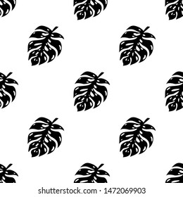 Seamless pattern of leaves monstera. Tropical leaves of palm tree. Vector background. Beautiful allover print with hand drawn exotic plants. Swimwear botanical design. Vector for any purposes.