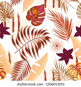Seamless pattern of leaves monstera, tropical jungle leaves of palm tree. Multicolor vector background. 