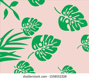 Seamless pattern of leaves monstera. Tropical leaves of palm tree. Vector background. Beautiful allover print with hand drawn exotic plants. Swimwear botanical design. Vector for any purposes.