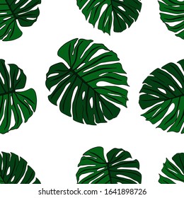 Seamless pattern with the leaves of the monstera . Tropical print on white background. Stock vector illustration.