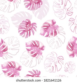 Seamless pattern of leaves monstera. Tropical leaves of palm tree. Vector background.