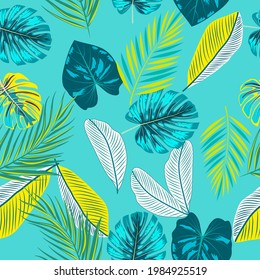 Seamless pattern of leaves monstera, tropical jungle leaves of palm tree. Multicolor vector background. 