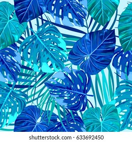 Seamless pattern of leaves monstera. Tropical leaves of palm tree. Vector background.