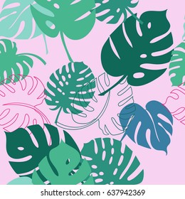 Seamless pattern of leaves monstera. Tropical leaves. Vector background.