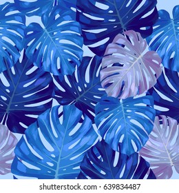 Seamless pattern of leaves monstera. Tropical leaves of palm tree. Vector background.