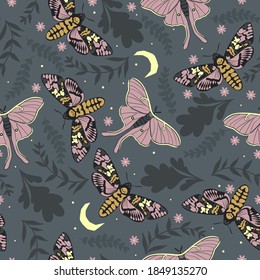 Seamless pattern with leaves and moths.Vector graphics