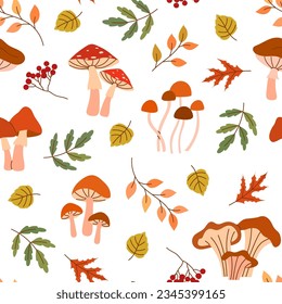 Seamless pattern with leaves and mushrooms