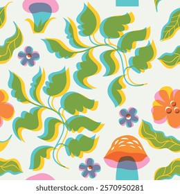 Seamless pattern with leaves and mushrooms. 