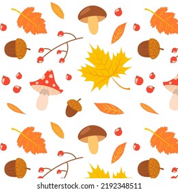 Seamless pattern with leaves, mushrooms, berries and oaks. Vector illustration