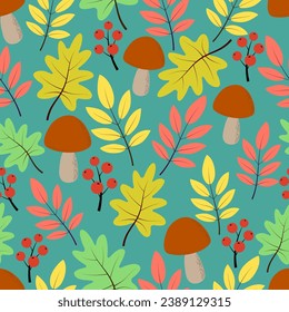 Seamless pattern of leaves, mushrooms and berries. Vector illustration.