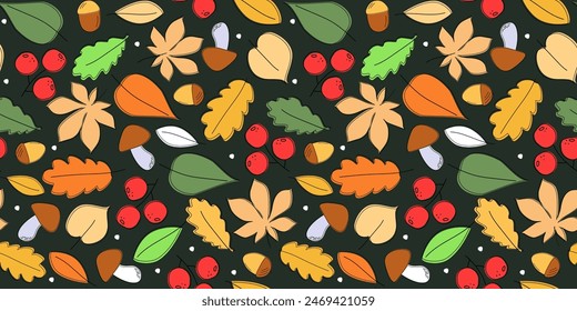 Seamless pattern with leaves, mushrooms, berries. Natural forest print. Vector graphics.