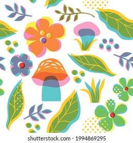 Seamless pattern with leaves and mushrooms. Fabric design, summer background