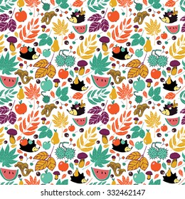 seamless pattern with leaves, mushrooms and hedgehog