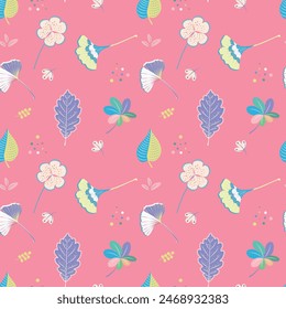 Seamless pattern with leaves in nursery. Pink background. Perfect for baby and children's clothing design. Home textiles, greeting card, fabric print, baby shower, scrapbook and wrapping paper design.
