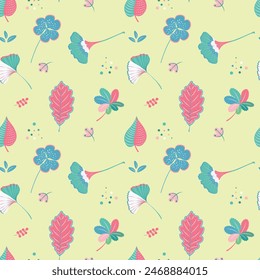 Seamless pattern with leaves in nursery style. Yellow background. Perfect for baby and children's clothing design. Home textiles, stationery, fabric print, scrapbook element and wrapping paper design.