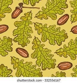 Seamless pattern with leaves of oak and acorns. Natural autumn objects. Vector illustration.