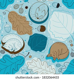 Seamless pattern with leaves oak and aspen, acorns, fox and squirrels in winter. Vector background for fabric, textile, posters, gift wrapping paper, napkins, tablecloths.