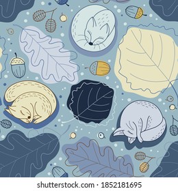 Seamless pattern with leaves oak and aspen, acorns, fox and squirrels in winter. Vector background for fabric, textile, posters, gift wrapping paper, napkins, tablecloths.