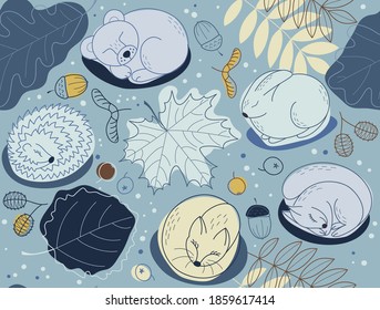 Seamless pattern with leaves oak and aspen, acorns, fox and squirrels in winter. Background for fabric, textile, posters, gift wrapping paper, napkins, tablecloths.