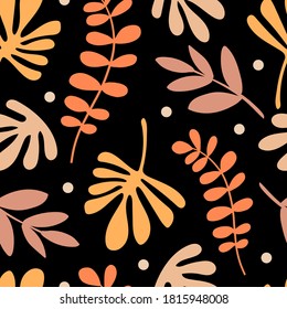 Seamless pattern with leaves on black background. Hand drawn vector illustration. Modern texture for print, textile, packaging.