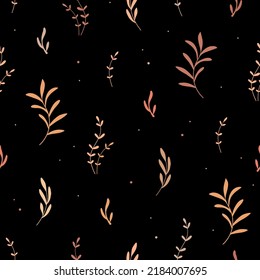 Seamless pattern with leaves on black background.  Nature art vector illustration. Boho foliage in pastel colors. Trendy texture for print, textile, fabric, home decor, wall art, social media.