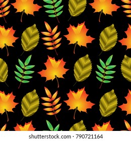 Seamless pattern from leaves on a black background. Cover design, poster, card, template, wallpaper