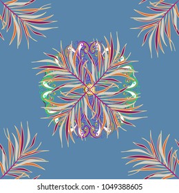Seamless pattern with leaves on a blue, beige and purple background. Abstract modern floral vector background. Vector illustration.