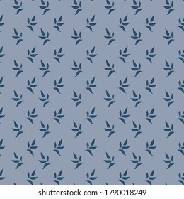 Seamless pattern with leaves on a blue background. Template for interior design, wallpaper, fabric, clothing, blanket, plaid, carpet, paper. Calm flat pattern.