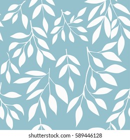 Seamless pattern with leaves on blue background. Vector illustration.