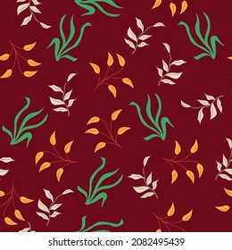 Seamless pattern leaves on dark red background for fabric, wallpaper, wrapping paper, invitation card