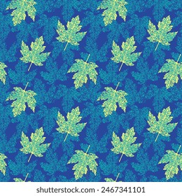 Seamless pattern of leaves on a dark blue color background. Presented through a scattered positioning. This format is suitable for printing on fabric, textiles, ceramic tiles and paper products.
