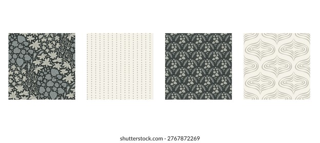 Seamless pattern of leaves on dark background in a grey garden. Botanical plant surface with seamless motifs as a vector collection. Floral, pond and leaves on neutral grey for wallpaper.