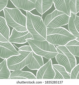 Seamless pattern with leaves on green. Vector illustration. Fabric print.