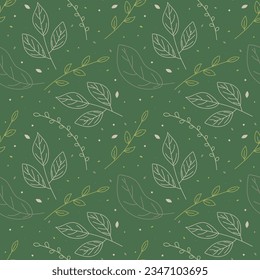 Seamless pattern with leaves on green nature style. Hand drawn elements of botanical leaf texture for decoration, wallpaper, packaging print, textile. Vector illustration in doodle and sketch style