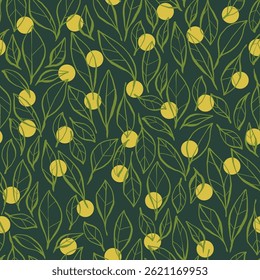 Seamless Pattern with Leaves on Green Background and Yellow Dots. Fresh tropical style. Seamless nature design. Organic food illustration.