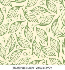 Seamless Pattern with Leaves on Green Background. Fresh tropical style. Seamless nature design. Organic food illustration
