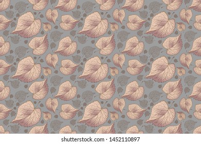 Seamless pattern leaves on grey background, pastel color, tileable for wallpaper, card or fabric art