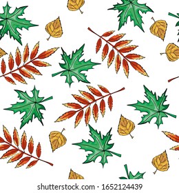 Seamless pattern with leaves on an isolated background. Windy colored leaves.