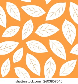 Seamless pattern with leaves on a orange background. Flat vector template.