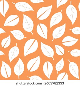 Seamless pattern with leaves on a orange background. Flat vector template. Vector illustration