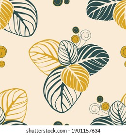 Patrón sin foco de hojas y círculos sobre un fondo rosado. Idóneo para imprimir sobre textiles, tejidos, ropa de cama, papel de envoltura, cubiertas y diseños de papel pintado. Ilustración vectorial.