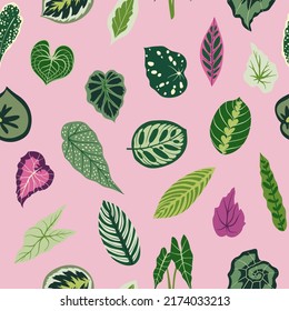 Seamless pattern with leaves on pink background. Hand drawn vector illustration. Texture for print, textile, fabric.
