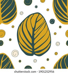 Seamless pattern of leaves on a white background. Suitable for printing on textiles, fabrics, bedding, wrapping paper, covers, wallpaper designs. Vector illustration.